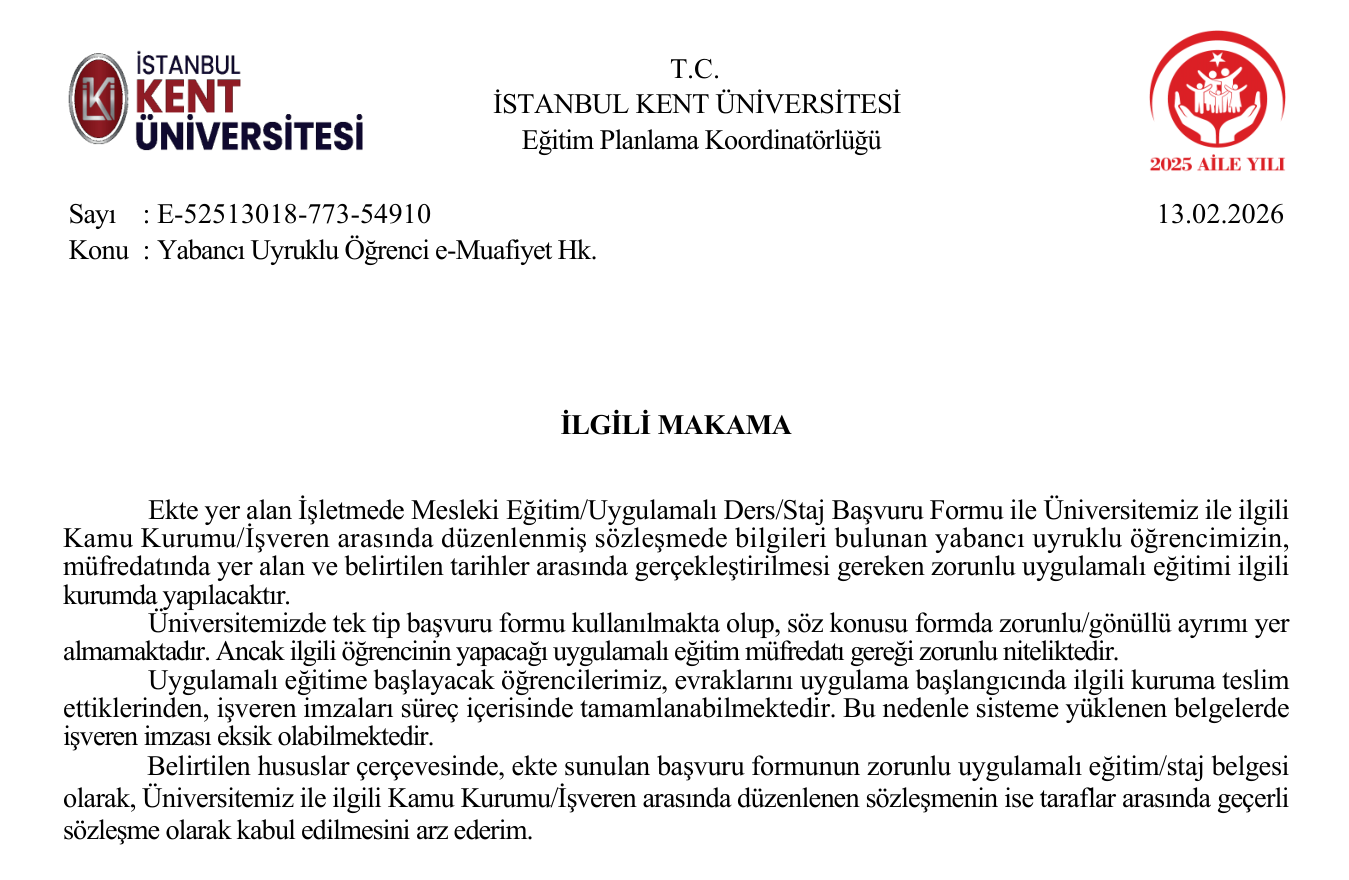 Yabancı uyruklu öğrenci e-Muafiyet üst yazı örneği